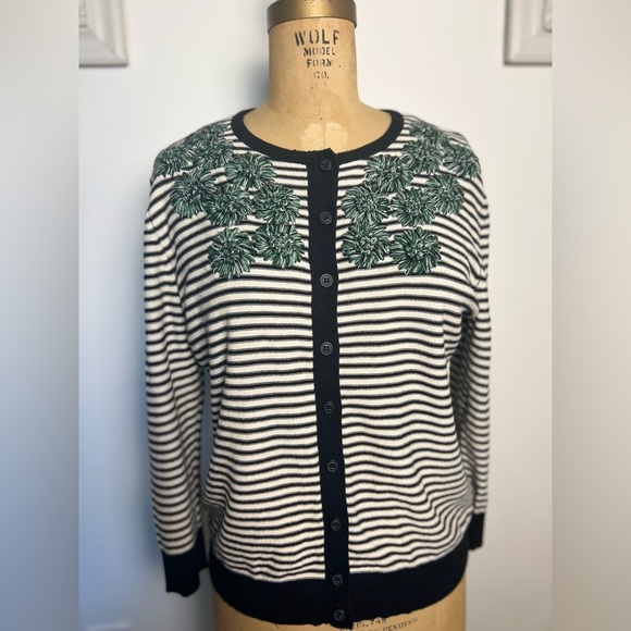 Anthropologie Tabitha black & white striped cardigan with green floral details - Picture 2 of 5